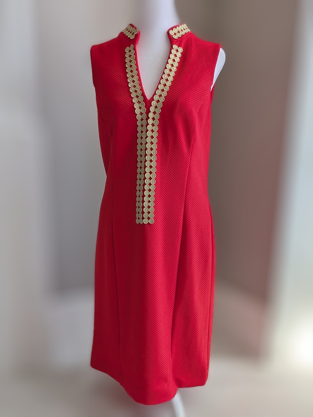 Pappagallo Coral Red Sleeveless V-Neck Dress with Gold Trim-Size 12